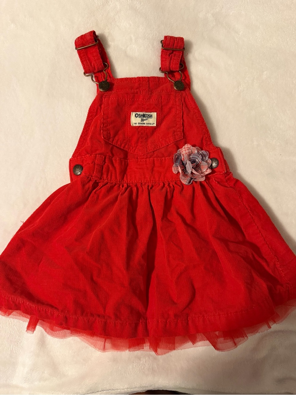 OshKosh B'gosh Red Corduroy Tulle Overall Dress with Floral Accent